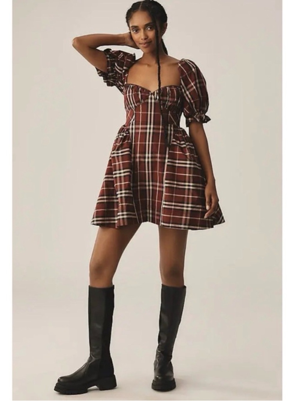 Anthropologie Maeve Plaid Puff Sleeve Mini Dress Red Black Size XS NWT